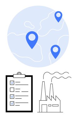 Konum iğneli dünya haritası, kontrol listesi panosu ve bacalı fabrika. Lojistik, nakliye, envanter, küresel ticaret, sanayi planlaması, fabrika yönetimi için ideal basit iniş sayfası