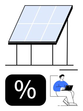 Dayanıklı çerçeveye sahip güneş paneli, yüksek oranda işaret ve dizüstü bilgisayar kullanan kişi, yenilenebilir enerji, teknoloji, verimlilik, finansal tasarruflar, yatırım, yeşil yenilik temsil ediyor. İdeal