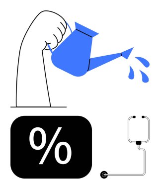 Kol tutucu su dolu su, siyah yüzdelik tabela bloğu, stetoskop. Sağlık, finans, büyüme, yatırım, tıbbi yardım tasarrufu ekonomik katkı için idealdir. Düz basit metafor