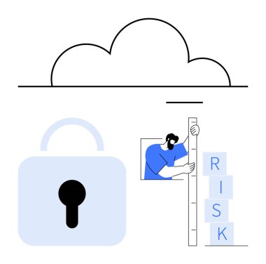 Büyük bir kilide sahip bulut, güvenlik ve kullanıcı risk değerlendirmesini simgeliyor etiketli bloklar ve cetvel kullanarak. Siber güvenlik, veri koruması, bulut hesaplama, çevrimiçi güvenlik, bilişim stratejisi, risk için ideal