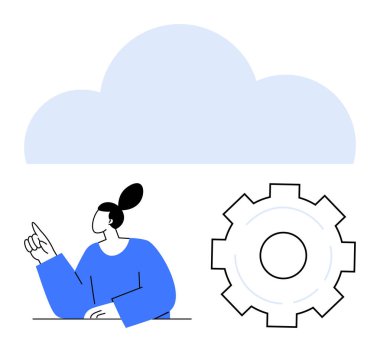 Kadın, yanında bir vites sembolü olan büyük bir bulut simgesine doğru hareket eder. Bulut hesaplama, yenilik, teknoloji, sistem optimizasyonu, beyin fırtınası, takım çalışması, basit iniş sayfası için ideal