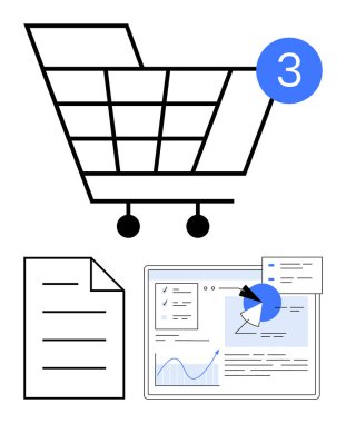 Tebligat kartıyla alışveriş arabası, bir belge sayfası ve çizelge ve grafiklerin yer aldığı analitik paneli. E-ticaret, veri, analitik, perakende, teknoloji, iş sade metaforu için ideal