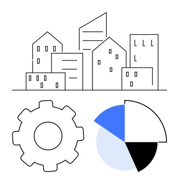 Değişik binalar, çark ve mavi, siyah ve beyaz segmentli turta grafiği olan geometrik şehir manzarası. Temalar için ideal iş, gayrimenkul, mühendislik, analitik teknolojisi kentsel