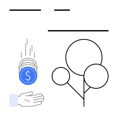 El yakalama sikkeleri, yatırımları ve tasarrufları simgeliyor. En az soyut ağaç tasarımı ile büyüme, sürdürülebilirlik ve istikrarı çağrıştırıyor. Finans, yatırım, tasarruf, büyüme, sürdürülebilirlik için ideal