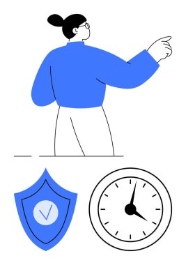 Kendine güvenen bir kadın, güvenlik işaretli bir kalkan, zaman yönetimi için bir saat. Güvenlik, güvenilirlik, sorumluluk, planlama, dakiklik, basit iniş sayfasını kontrol etmek için ideal