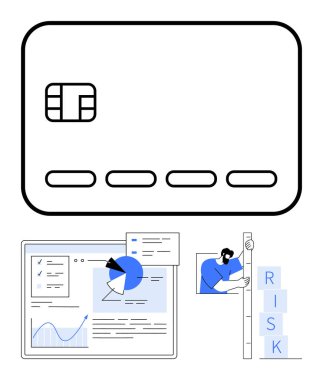 Çipli kredi kartı, pasta grafikli analitik ekran bar grafiği, risk bloklarını dengeleyen kişi. Finans, fintech, risk değerlendirmesi, veri analizi, yatırımlar için ideal iş çözümleri basit