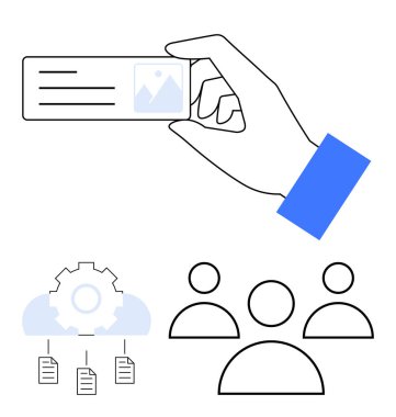 El ele tutuşan kimlik kartları, takım simgeleri, dosyalara ve bulutlara bağlı teçhizatlar. Kimlik, takım çalışması, bulut depolama, teknoloji, iş akışı organizasyonu ve ağ kurmak için ideal. Düz basit metafor