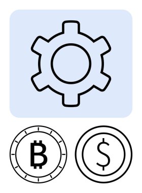 Bitcoin ve dolar paralarının bulunduğu vites sembolü kripto para birimi, fintech, engelleme zinciri ve döviz bozdurma kavramlarını ön plana çıkarıyor. Finans, teknoloji, yönetim, kalkınma ve yenilik için ideal