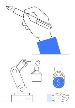 Kalemle el yazısı, robotik kol hareketli nesne, bozuk paralar açık avuç içine düşüyor. Teknoloji, otomasyon, yaratıcılık, yenilik, iş, ekonomi için ideal basit iniş sayfası