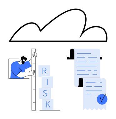 Cetvel altındaki risk bloklarını ölçen adam, kontrol listesindeki işaretli listeyi gösteriyor. Risk yönetimi, karar verme, bulut hesaplama, uyum, iş stratejisi, planlama için ideal