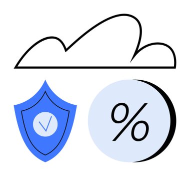 Bulut deposu mavi bir kalkanla ana hatlarıyla işaretli ve yüzdelik bir simge içeriyor. Teknoloji, güvenlik, finans, tasarruflar, bulut çözümleri, koruma ve basit iniş sayfası için ideal