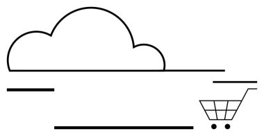 Çizgilerle birbirine bağlı minimalist alışveriş arabası olan bulut simgesi, çevrimiçi alışveriş, e-ticaret, bulut deposu, perakende teknolojisi, dijital işlemleri sembolize ediyor. İş ve pazarlama için ideal