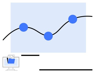 Bir bilgisayar ekranı ve dizin boyunca veri noktalarını birleştiren eğilim çizgisi grafiği. Analiz, ilerleme izleme, dijital organizasyon, iş büyümesi, teknoloji, stratejiler için ideal, düz basit