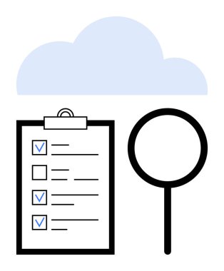 Tamamlanmış görevleri olan kontrol listesi, analiz için büyüteç ve dijital depolamayı temsil eden bulut. Üretkenlik, görev izleme, organizasyon, öncelik sıralaması, bulut hesaplama, iş akışı için ideal