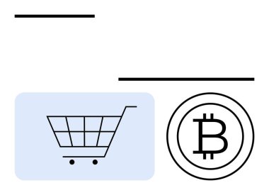 Bitcoin paralı alışveriş arabası kripto para ödemelerini, e-ticaret, mali teknoloji, yenilik, dijital hizmetler, çevrimiçi alışveriş ve güvenli işlemleri sembolize ediyor. Düz basit metafor