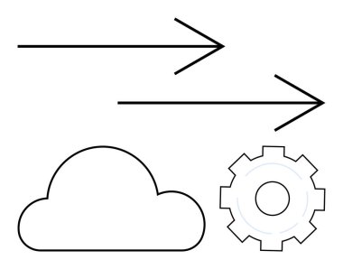 Bulut şeklindeki veri transferini ve bulut hizmetlerini, iş akışını, programlamayı ve işlem verimliliğini sembolize eden teçhizatı gösteren oklar. Veri paylaşımı, IOT, bulut hesaplama ve teknoloji için ideal