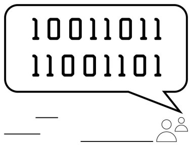 Konuşma balonundaki ikili sayılar iki kişi arasındaki dijital iletişimi, kodlamayı ve veri paylaşımını sembolize eder. Teknoloji, programlama, bağlantı, iletişim, bilgi, eğitim için ideal