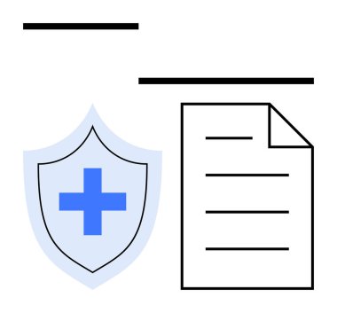 Mavi tıbbi haçlı kalkan, sağlık sigortasını, güvenliği, veri gizliliğini ve kayıt tutulmasını sembolize ediyor. Sağlık, tıbbi güvenlik, sigorta poliçesi, uyum ve veri için ideal