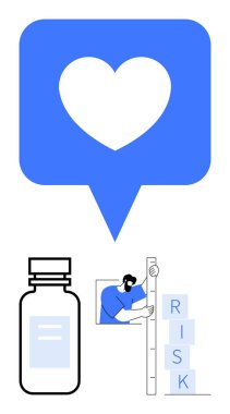 Konuşma balonunda büyük bir kalp ikonu, ilaç şişesi, RISK etiketli blokları düzenleyen kişi. Sağlık, hasta bakımı, risk azaltma, ilaç, güvenlik, yenilik için ideal