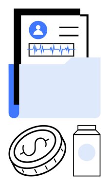 Sağlık hizmetleri, mali maliyetler, sağlık sigortası, tedavi yönetimi, bütçe yönetimi ve eczane hizmetlerini sembolize eden madeni para ve ilaç şişesinin yanında bir klasördeki tıbbi belgeler. İdeal