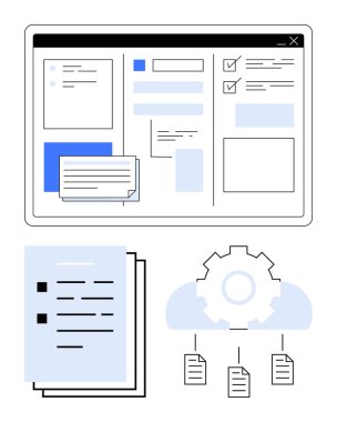 Dijital belge araçları, kontrol listesi ve bulut ve dişli dosya paylaşımı içeren ekran. İş akışı, otomasyon, işbirliği, üretkenlik, organizasyon, teknoloji dijital dönüşümü için ideal
