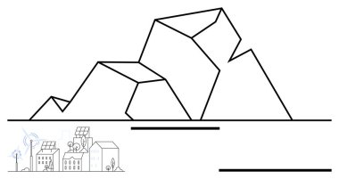 Güneş panelli evler, rüzgar türbini ve çevre dostu binaların üzerindeki büyük geometrik dağ. Yenilenebilir enerji, sürdürülebilirlik, modern yaşam, iklim hareketi, kentsel planlama, yeşil
