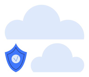 Büyük ve küçük bulut şekilleri, içinde veri güvenliğini temsil eden bir işaret olan bir kalkan ikonu. Teknoloji, depolama, siber güvenlik, gizlilik, güvenlik, bulut hizmetleri, basit iniş sayfası için ideal