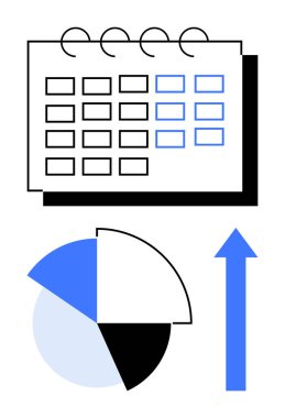 İşaretli kareler, dairesel pasta grafiği, yukarı doğru ok, planlama, hedef izleme, analiz, büyüme anlamına gelir. Üretkenlik, hedefler, istatistik örgütü tahmin stratejisi düzlüğü için ideal