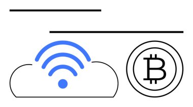 Kablosuz bağlantı sembolü olan bulut ve Bitcoin kullanarak kripto para birimi temsili. Teknoloji, finans, dijital ekonomi, kablosuz bağlantı, yatırım, engelleme zinciri, minimalizm için ideal. Düz