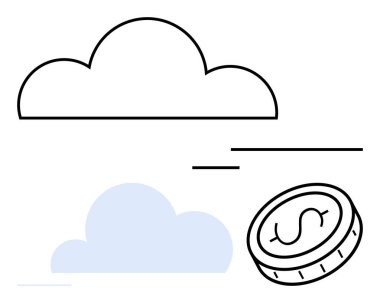 Bulut simgeleri ve bir dolar para bulut hesaplama ve finansal faydalar öneriyor. Finans, teknoloji, yatırım, yenilik, çevrimiçi bankacılık, dijital ekonomi, basit iniş sayfası için ideal