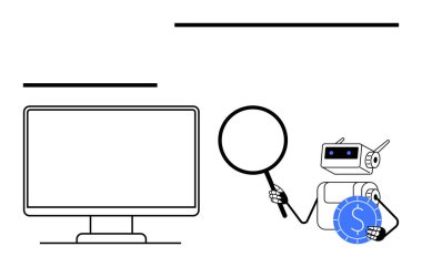 Robot masaüstü ekranının yanında büyüteç tutuyor, verileri ve dijital para birimini inceliyor. Teknoloji, yapay zeka araştırması, veri analizi, kripto para birimi, otomasyon, fintech yeniliği için ideal. Düz basit
