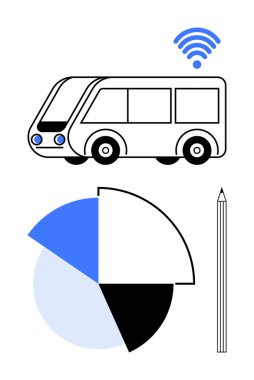 Kablosuz sinyal yayan akıllı otobüs, bölümler halinde pasta grafiği analiz için kalem ya da planlama. Teknoloji, ulaşım, istatistik, bağlantı, veri görselleştirme, kentsel planlama için ideal