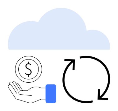 Elinin üstünde bulut grafiği var. Bozuk para ve dairesel oklar. Finans, bulut çözümleri, teknoloji, tasarruflar, iş dünyası, veri senkronizasyonu için ideal, basit iniş sayfası