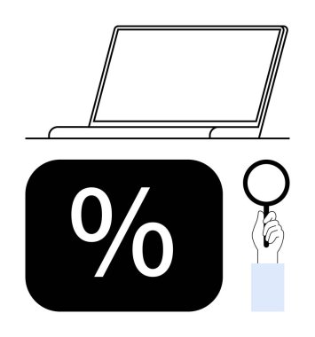 Diz üstü bilgisayar yüzde yüz işareti, el ele tutuşan büyüteç. Veri analizi, mali denetim, indirim değerlendirmesi, karar verme, çevrimiçi araştırma, e-ticaret teknolojisi için ideal. Düz basit