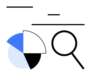 Mavi, siyah, beyaz segmentleri ve çizgileri olan bir pasta grafiğinin yanında büyüteç. Analiz, istatistik, araştırma, rapor, teftiş stratejisi ve veri odaklı kararlar için ideal. Düz basit