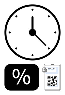 Analog saat, indirim için yüzde işareti, ve QR kodlu akıllı telefon zaman yönetimi, satış teşvikleri, güvenli ödemeler, e-ticaret, mobil bankacılık, verimlilik ve bağlantı. İdeal