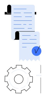 Çizgileri ve işaretleri olan kağıt parşömeni, görevi tamamlamayı simgeliyor, dişlilerin üstünde. Görev yönetimi, iş akışı otomasyonu, veri işleme, iş araçları, üretkenlik, basit analitikler için ideal