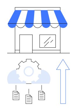 Dosyalar ve yukarı doğru ok ile bağlanan bulutlar üzerinde çizgili güneşlik ile depo önü. Bulut hesaplama, dijital dönüşüm, iş büyümesi, otomasyon, yenilik, veri yönetimi için ideal