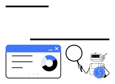 Robot, büyüteç kullanarak ve bozuk para tutarak gösterge tablosunu inceliyor. Veri analizi, otomasyon, teknoloji, finans, yapay zeka, araştırma ve yenilik için ideal