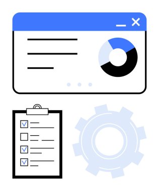 Turta tablosu, görev kontrol listesi ve üretkenliği, analitiği, organizasyonu, performansı, iş akışı yönetimini, iş operasyonlarını, basit iniş sayfasını vurgulayan dişli simgesi