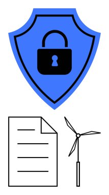 Mavi kalkan, asma kilit, belge, rüzgar türbini. Güvenlik, yenilenebilir enerji, sürdürülebilirlik, politika, teknoloji ekolojik yenilik güveni için idealdir. Düz basit metafor