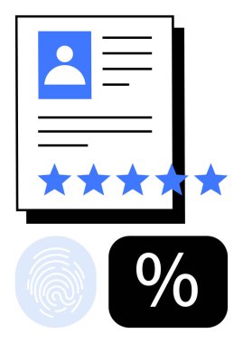 Kullanıcı profili belgesinde beş yıldızlı derecelendirme sistemi, parmak izi doğrulaması ve yüzde sembolü vurgulanıyor. Kimlik doğrulama, askere alma, derecelendirme, değerlendirme, analiz, inceleme için ideal