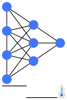 Siyah çizgilerle birbirine bağlı mavi dairesel düğümler sinirsel bir ağ yapısı oluşturur. Termometre ikonu sıcaklığı gösteriyor. Yapay zeka, makine öğrenimi, ağlar, veri bilimi için ideal