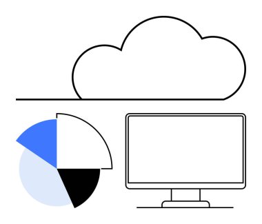 Pasta grafiğinin üzerinde bulut simgesi ve veri analizlerini, bulut depolama ve dijital işlemeyi temsil eden ekranı izleyin. Teknoloji, yenilik, veri analizi, bilgi sistemleri, bulut için ideal