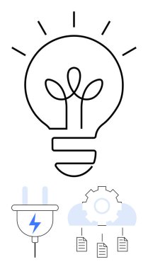 Yaprak telli ampul, enerji cıvatalı elektrik prizi, belgeleri birbirine bağlayan bulut teçhizatı. Sürdürülebilirlik, teknoloji, bulut çözümleri, veri entegrasyonu ve yeşil enerji için ideal