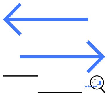 İki zıt mavi ok, büyüteç altında büyültülmüş bir derecelendirme eli eşliğinde zıt yönleri gösteriyor. Navigasyon, gözden geçirme, karar verme, değerlendirme, geri bildirim, rehberlik için ideal