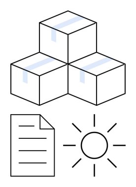 Üç bantlanmış karton kutu düzgünce istiflenmiş, basit bir kağıt örtü ve parlayan bir güneş. Teslimat için ideal, lojistik, evrak işleri, güneş enerjisi, tedarik zinciri verimliliği sürdürülebilirliği. Düz basit