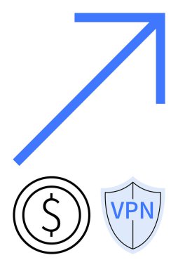 Yukarı ok, dolar işareti ve VPN etiketli kalkan ekonomik büyümeyi, siber güvenliği ve mahremiyeti simgeliyor. Finans, dijital güvenlik, büyüme, ilerleme güvenlik için idealdir. Basit iniş sayfası