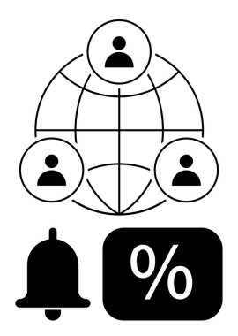 Bir uyarı çanı ve yüzde simgesinin yanında bir dünya ağındaki üç bağlı kullanıcı simgesi. İletişim, takım çalışması, alarm, istatistik, pazarlama, analitik ve küresel erişim için ideal. Düz