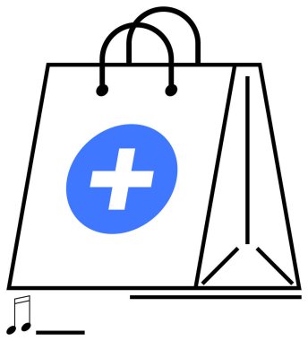 Saplı çanta, tıbbi ya da sağlık konsepti için mavi haç, küçük bir nota. Sağlık alışverişi, eczane markalaşması, müzik ticareti, e-ticaret, sağlık ürünleri, sade iniş için ideal